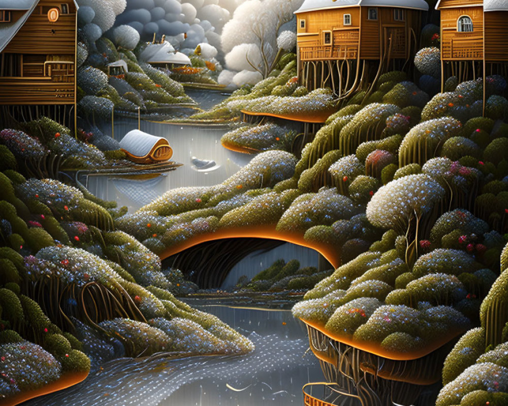 Tranquil digital artwork of village with wooden houses and river