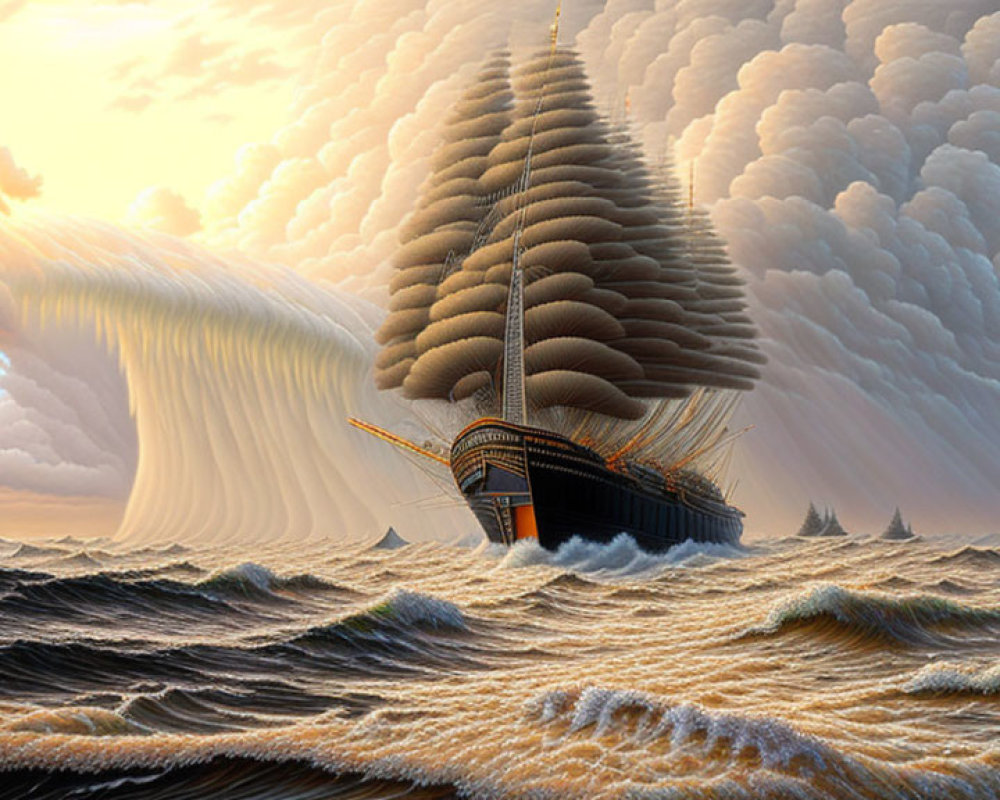 Surreal maritime scene: classical ship in rough seas under golden sunset