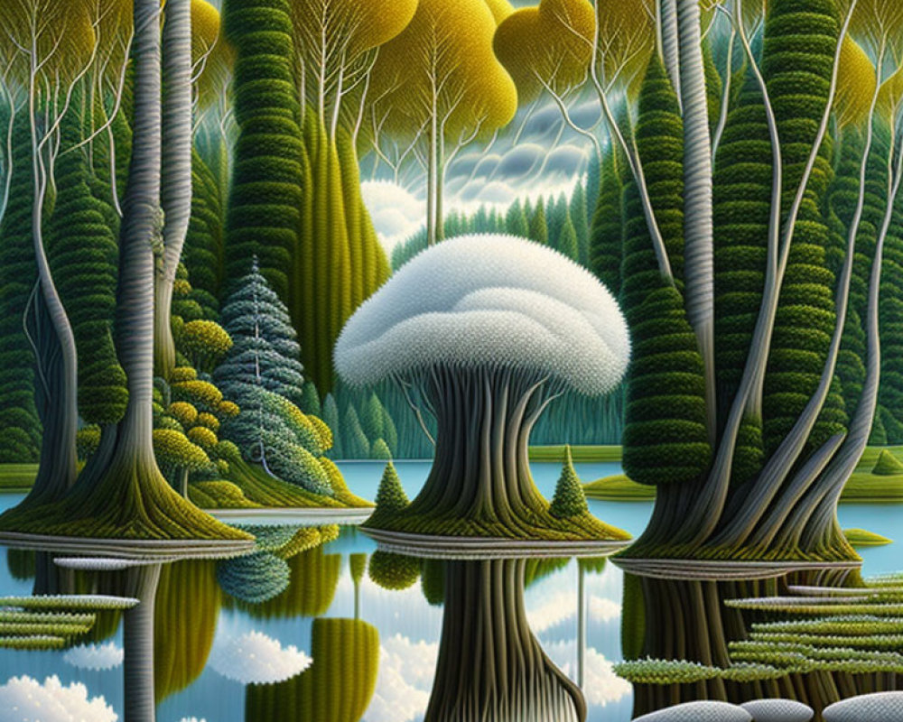 Surreal forest with oversized mushrooms, bulbous trees, and mirror-like lake