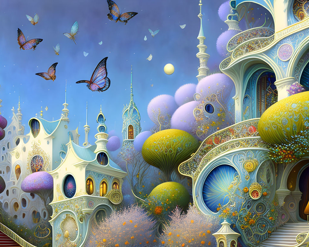 Colorful Buildings, Whimsical Trees, Floating Butterflies: Serene Moonlit Landscape