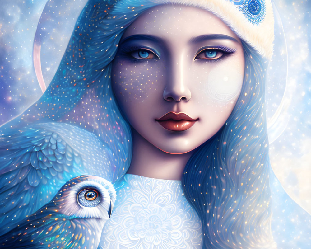 Digital portrait of a woman in blue owl cloak with starry backdrop