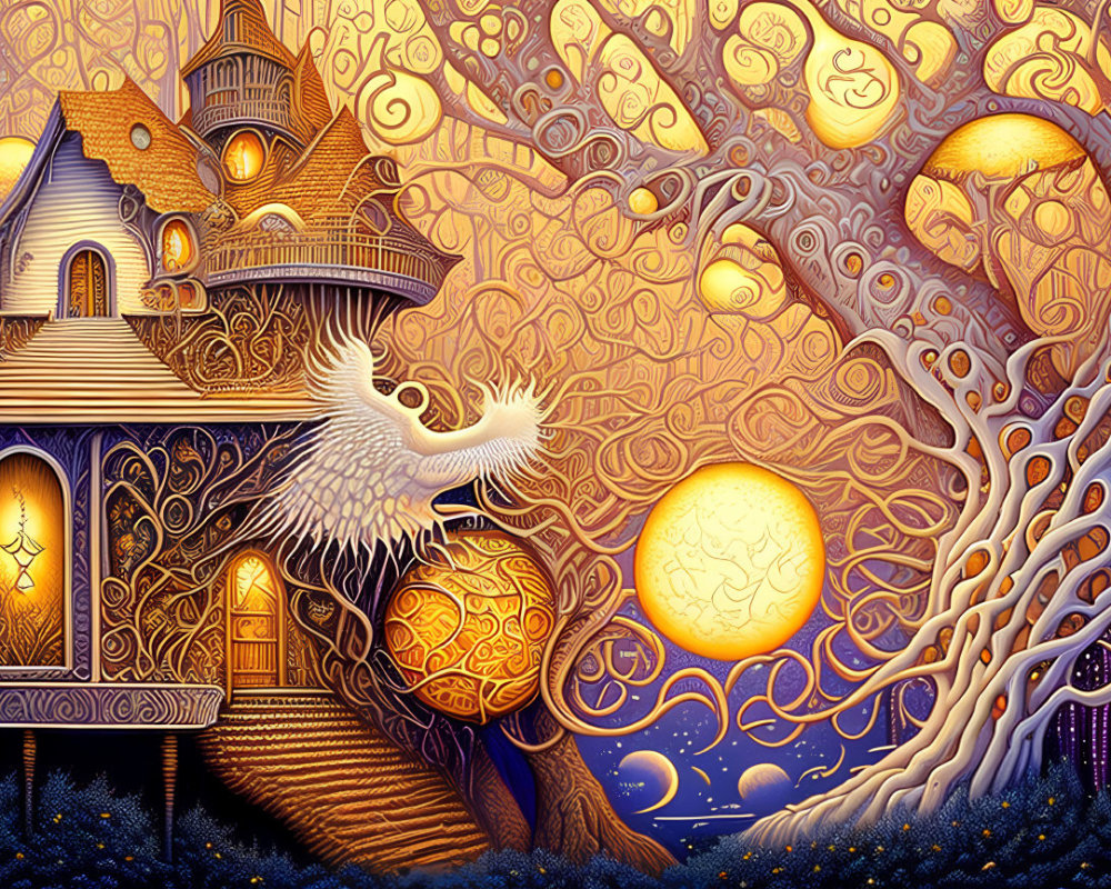 Fantasy illustration of stylized house with swirling trees and orbs