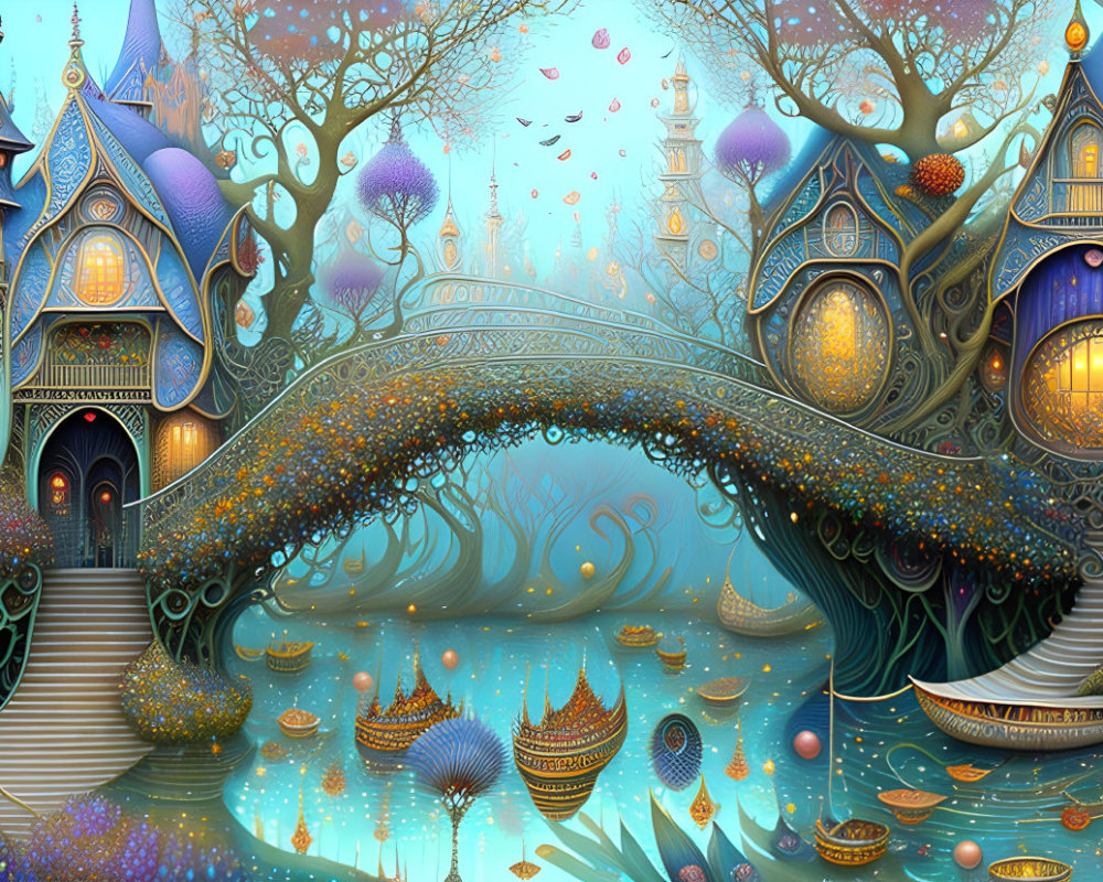 Fantasy landscape with tree-like houses, arched bridge, boats, and colorful flora under starry