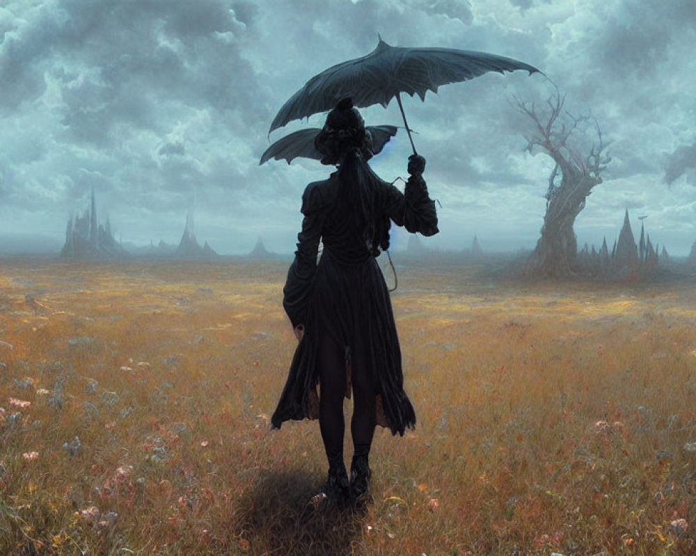 Victorian figure with umbrella in stormy field and eerie spires