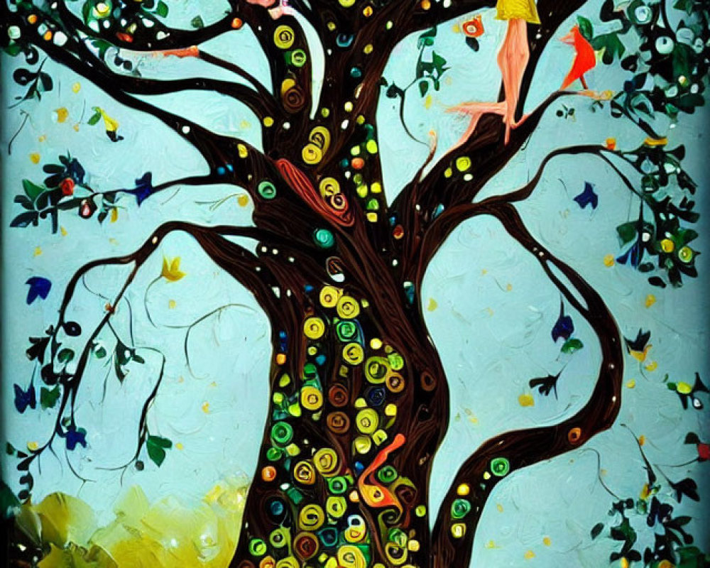 Colorful painting of lively tree with swirling patterns and playful figures