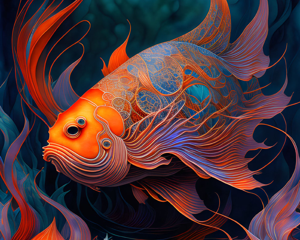 Colorful Ornate Orange Fish Illustration in Underwater Setting