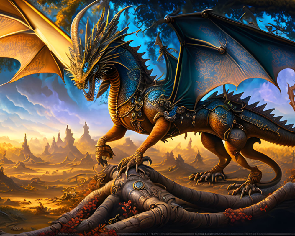 Majestic dragon on twisted tree trunks in vibrant fantasy landscape