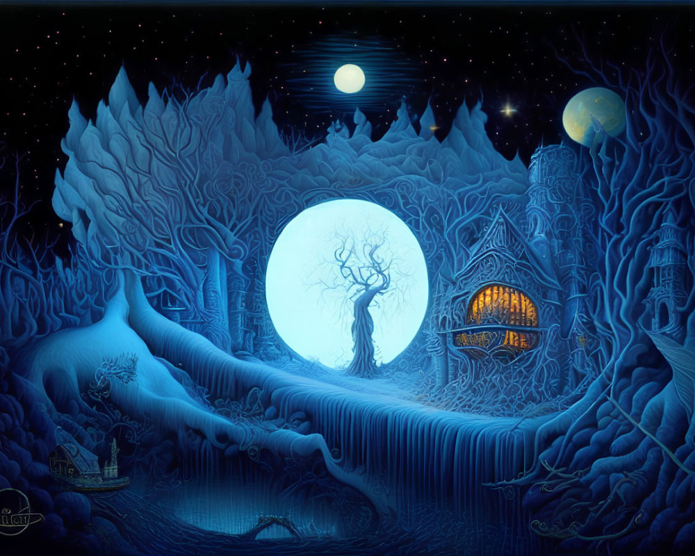 Mystical blue-toned forest scene with full moon, glowing gate, stars, bare tree,