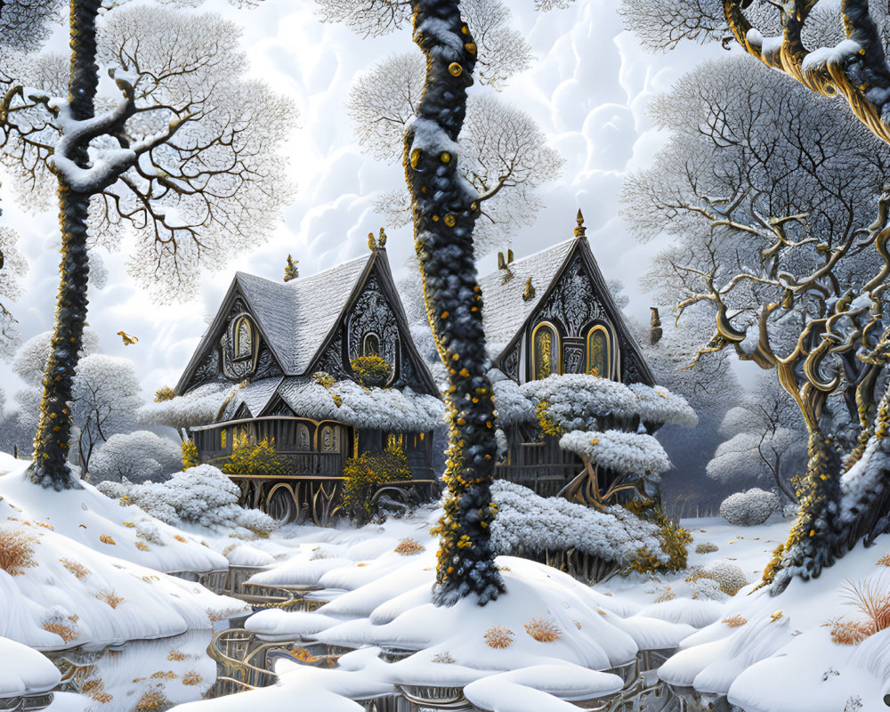 Snowy Winter Landscape with Charming House and Trees