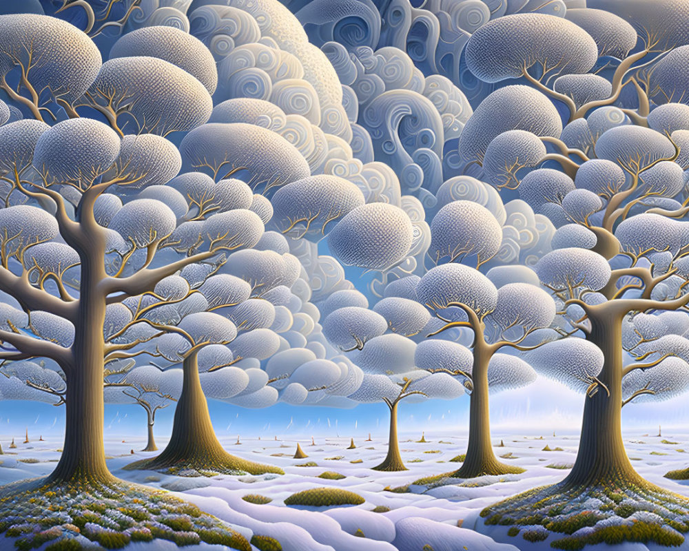 Surreal landscape with round-canopied trees on snowy terrain