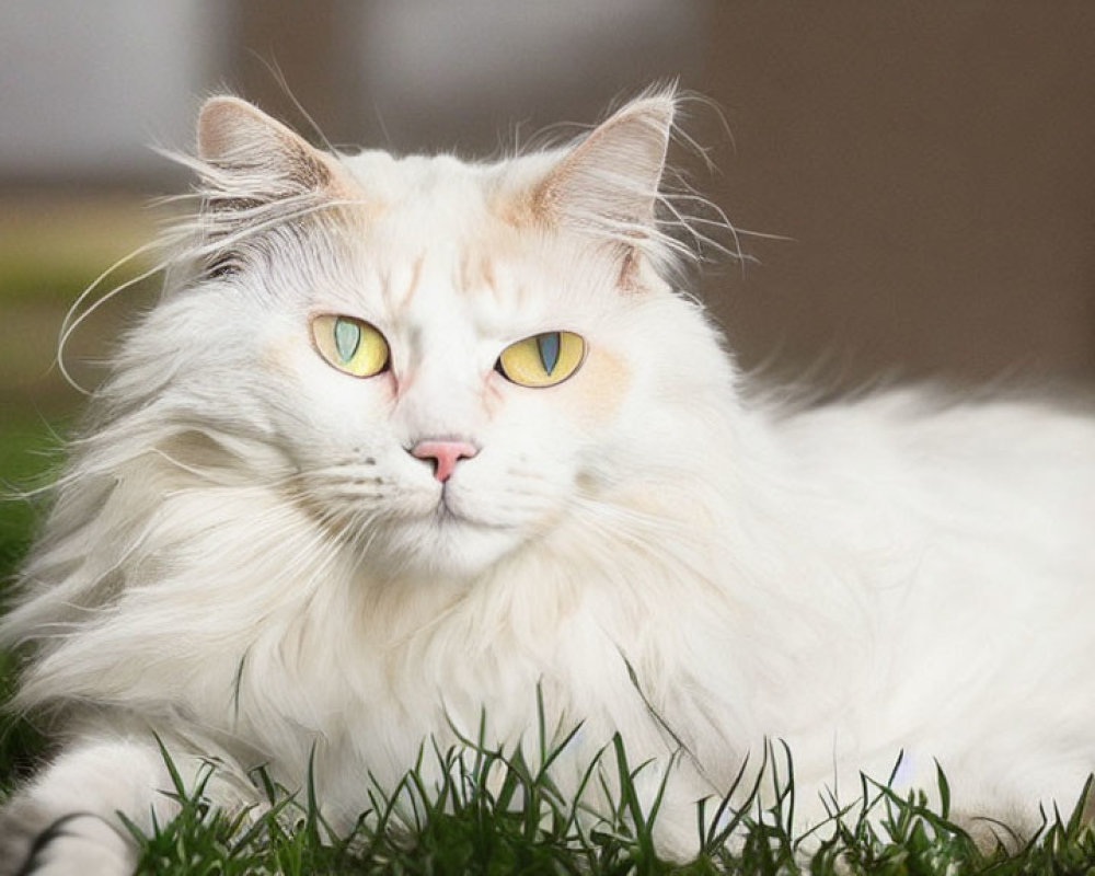 White Long-Haired Cat with Yellow Eyes Resting in Grass