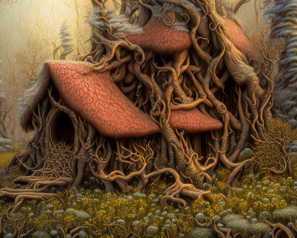 Fantastical forest scene with mushroom-shaped houses and golden ambiance