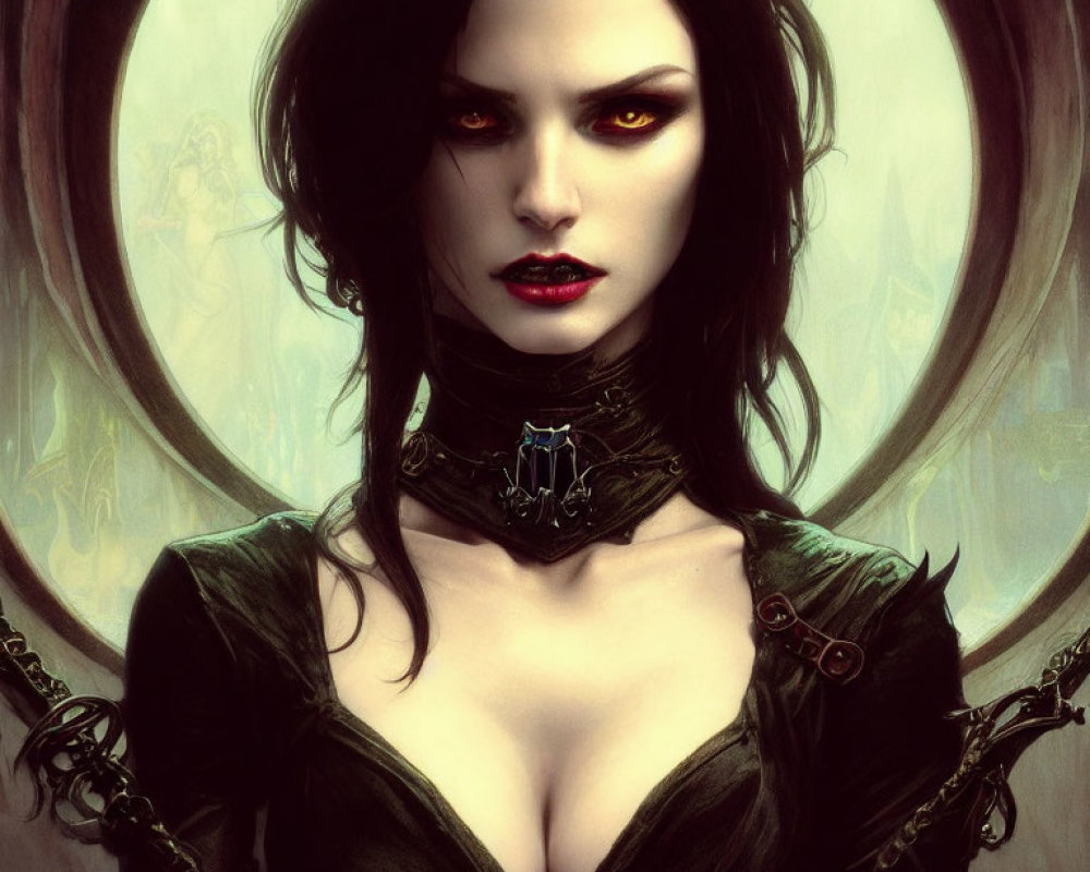 Gothic fantasy illustration of a woman in green corset with red eyes and ethereal figures