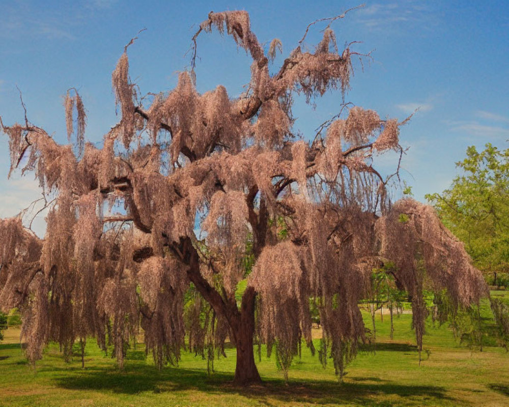 Majestic weeping cherry tree in full bloom against clear blue sky