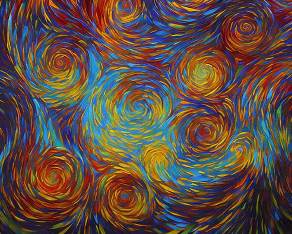 Colorful swirling patterns in blue, red, and yellow evoke dynamic movement