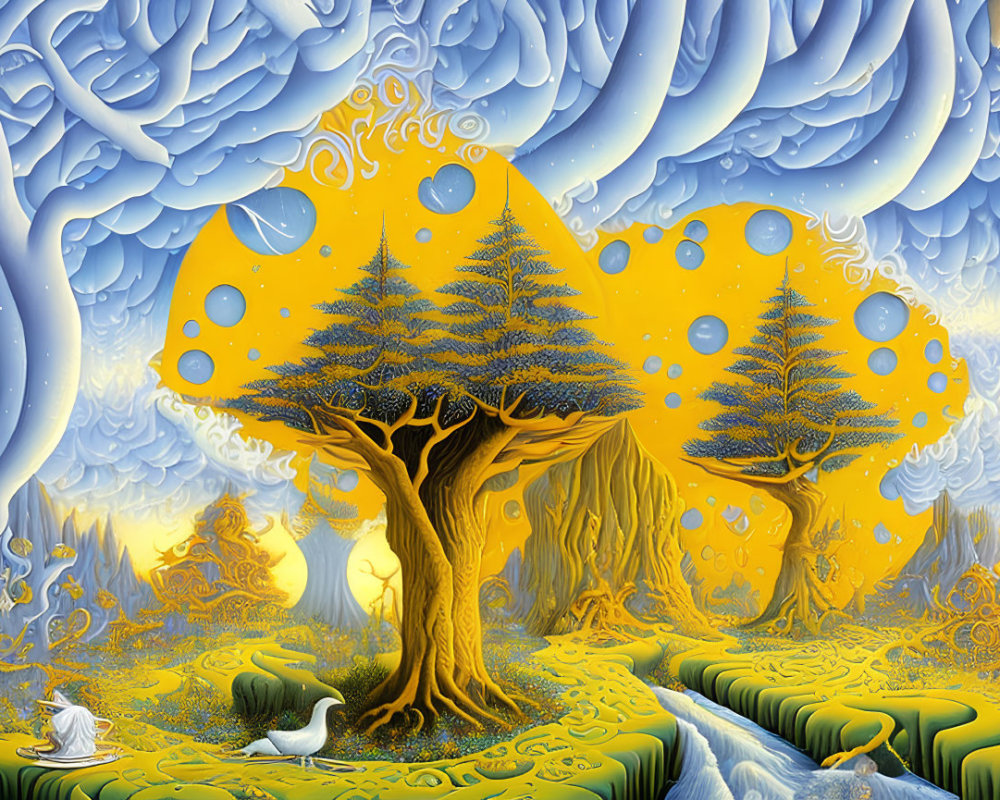 Vibrant yellow and blue surreal landscape with stylized trees and a white swan