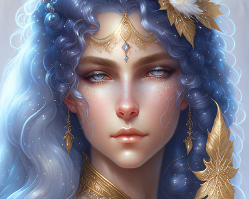 Fantasy illustration of woman with blue wavy hair and golden leaf and feather accessories