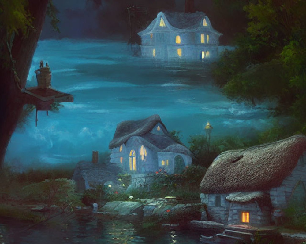 Tranquil night landscape with cozy cottages, misty lake, and crescent moon