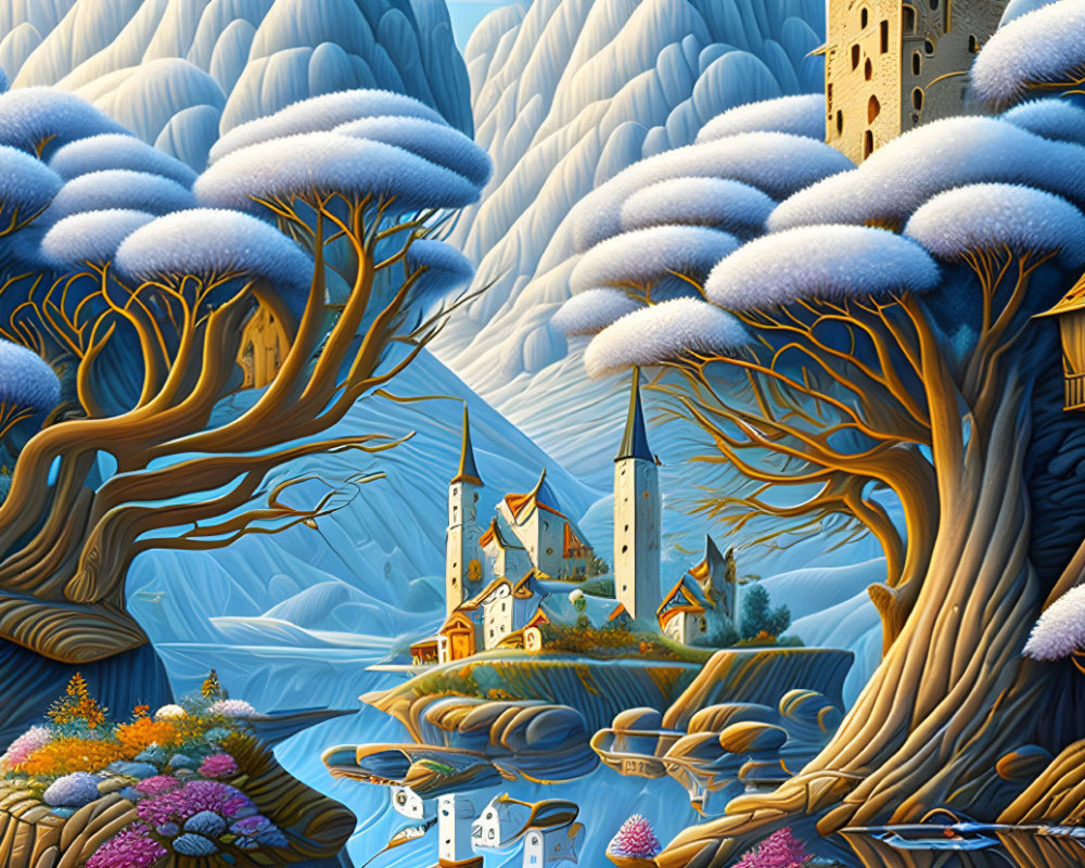 Whimsical landscape featuring stylized trees, snowy caps, and fanciful buildings