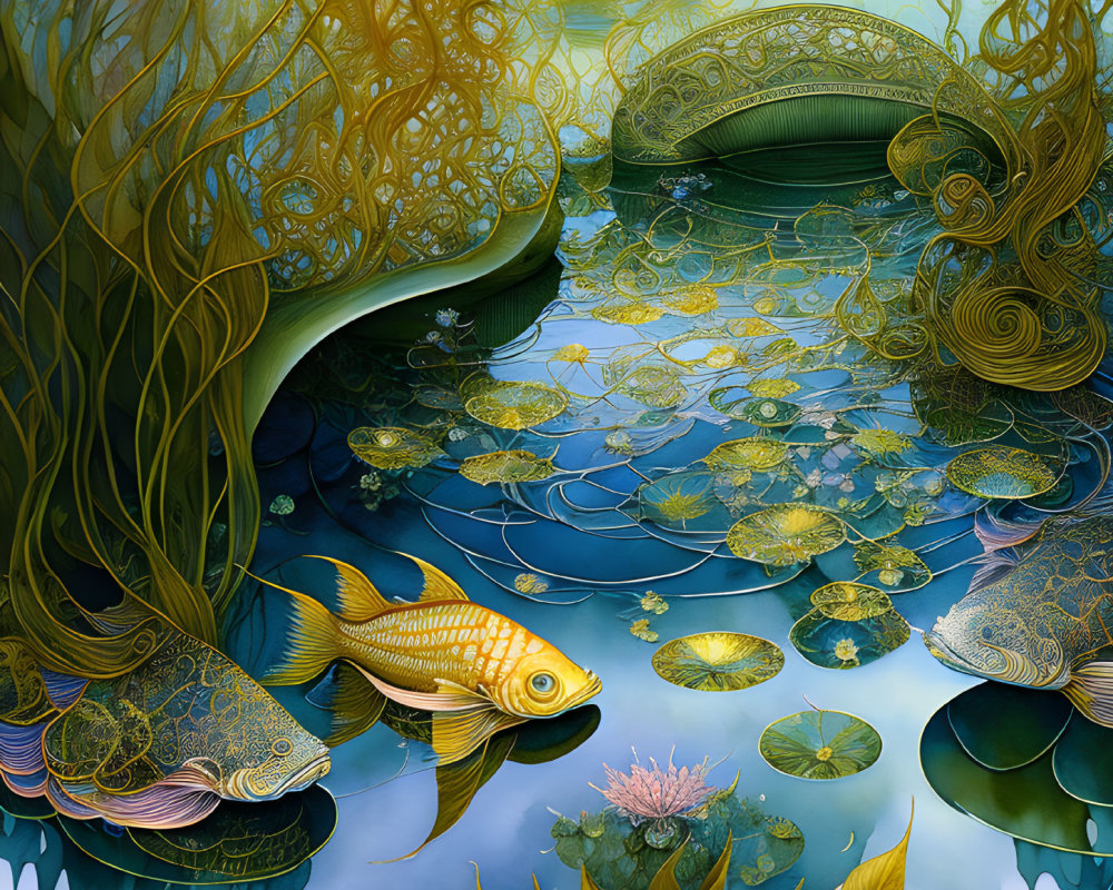 Colorful Underwater Scene with Ornate Fish and Floating Lily Pads