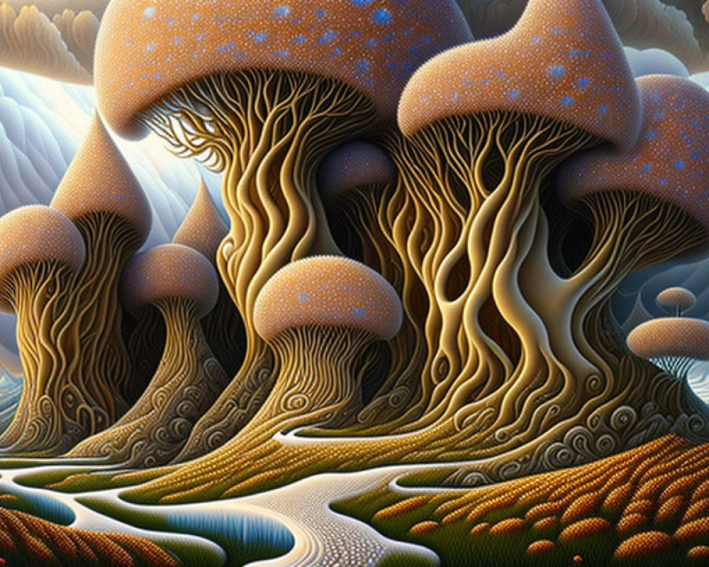 Fantastical Landscape with Oversized Mushrooms and Winding Path