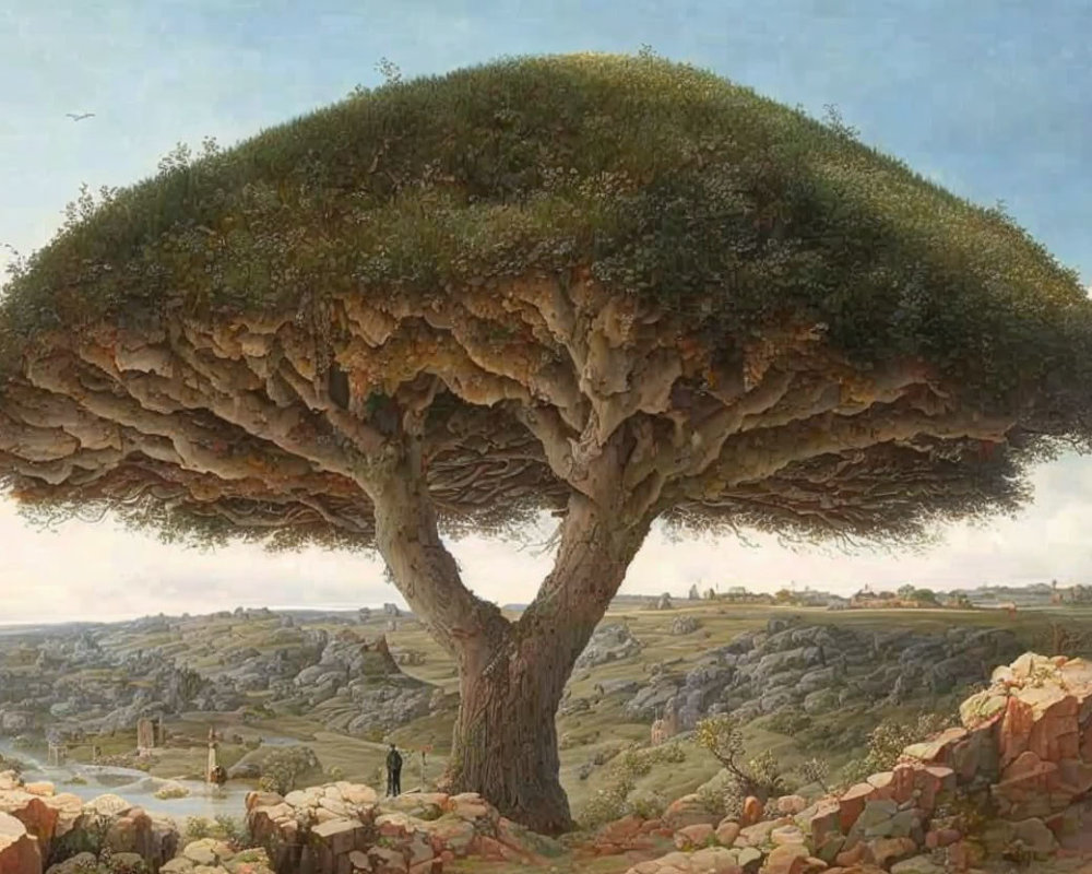 Surreal painting of massive tree in rocky landscape