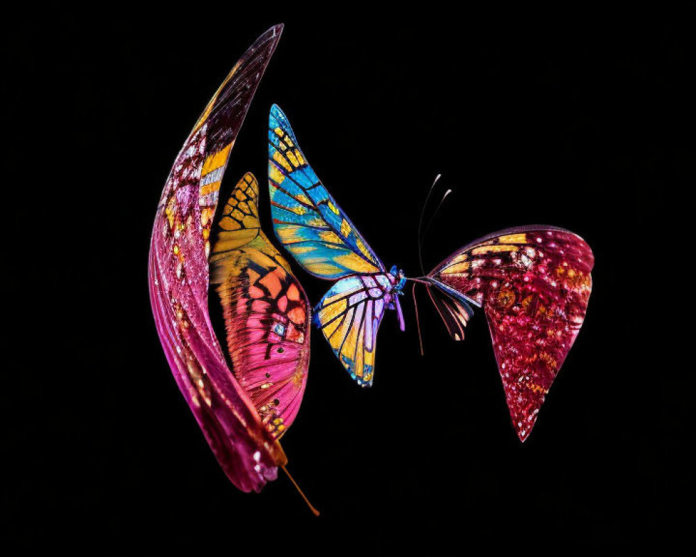 Vibrant butterfly with open wings on black background