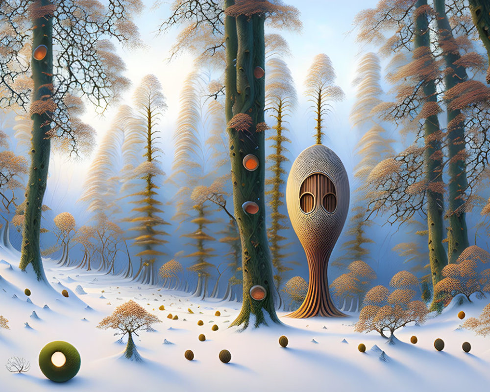 Surreal Winter Landscape with Pod-Shaped Structure and Floating Orbs