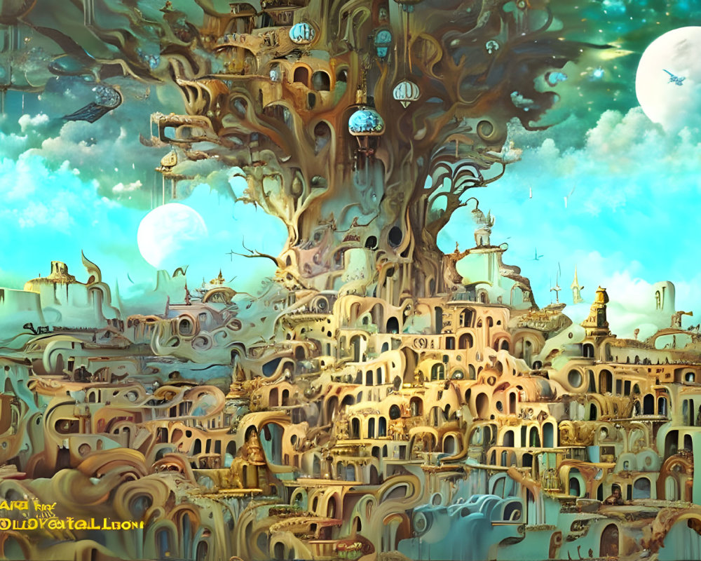 Enchanting fantasy landscape with massive tree and intricate buildings