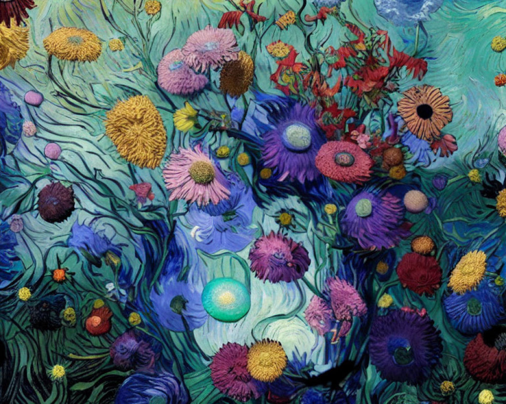 Colorful Flower Painting with Swirling Blue Background and Celestial Motifs