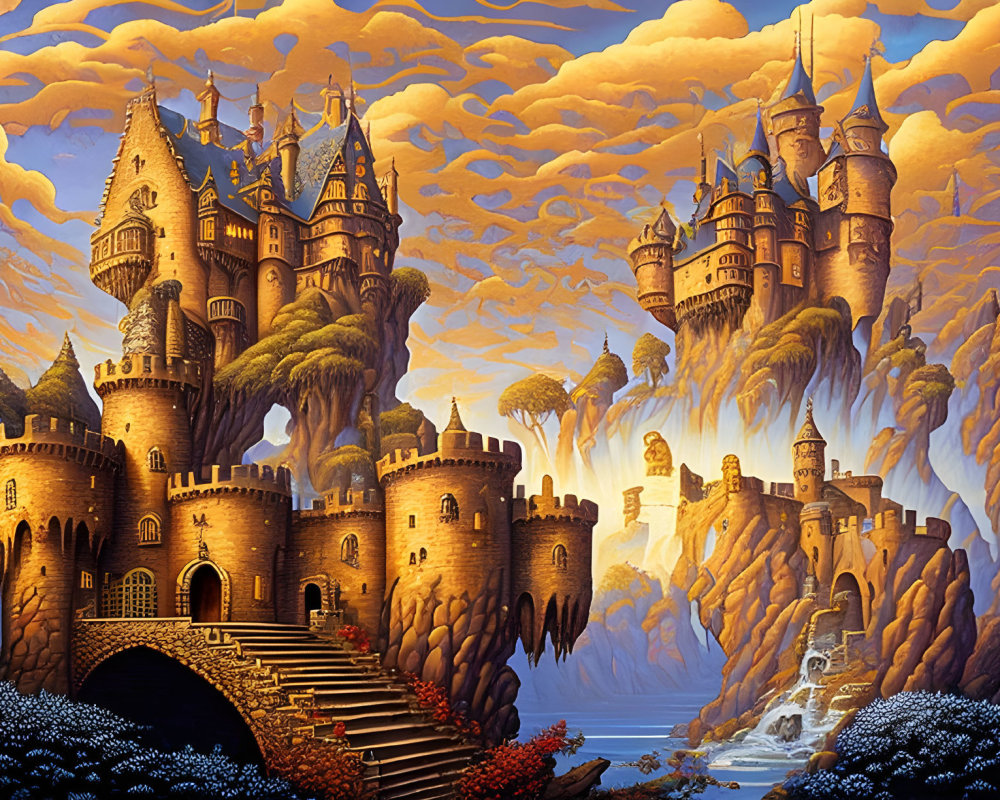 Fantastical landscape with multiple castles on rocky pillars under orange sky