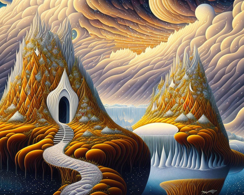 Surreal landscape with orange hills, white staircase, door, and swirling sky