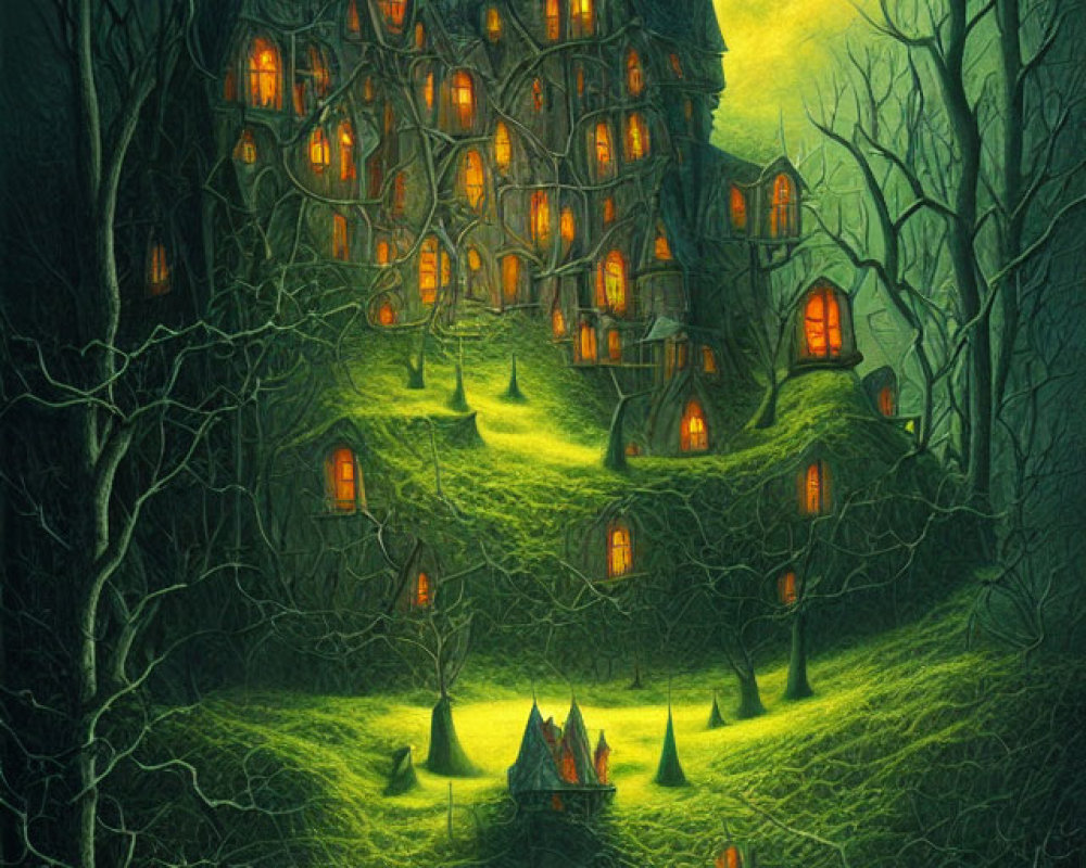 Eerie Gothic mansion night scene with full moon, bare trees, and hot air balloons