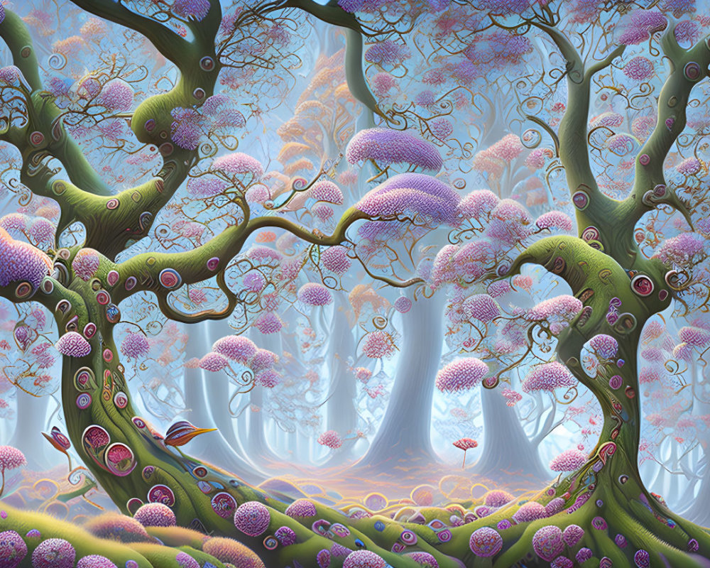 Misty forest with twisting trees and purple berries