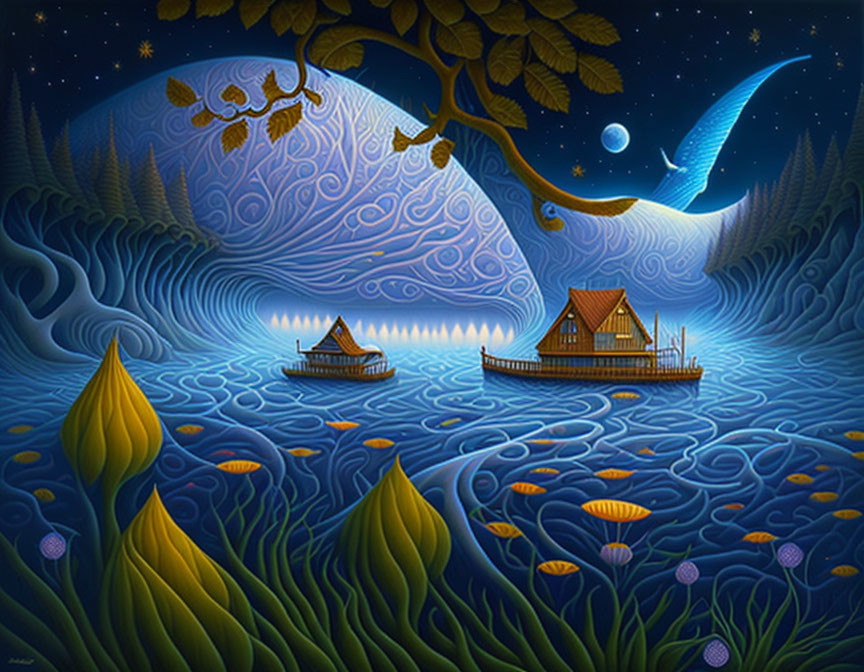 Whimsical night-time painting with blue waves, huts on rafts, tree with patterned