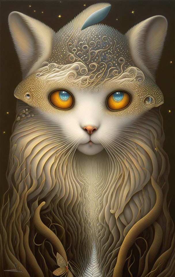 Cat with Intricate Patterns and Ornate Headwear in Detailed Artwork