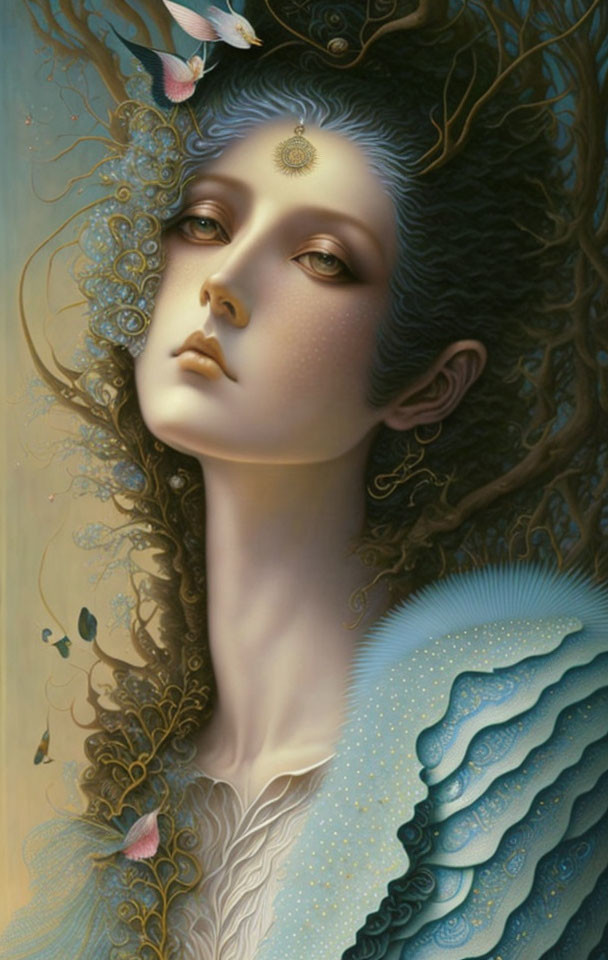 Surreal portrait of person with intricate jewelry, pale skin, dark hair, and bird perched