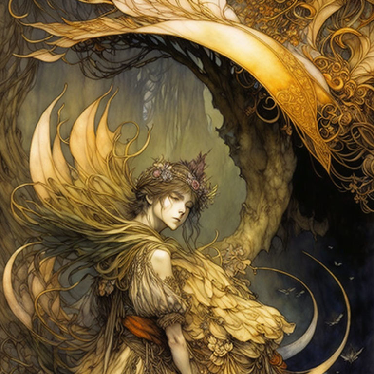 Fantasy illustration: Female figure with ornate wings and headdress, swirling backdrop.