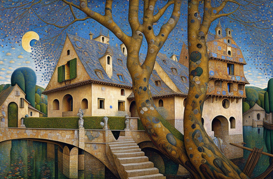 Detailed painting of whimsical village with leafless tree, buildings, bridge, and crescent moon