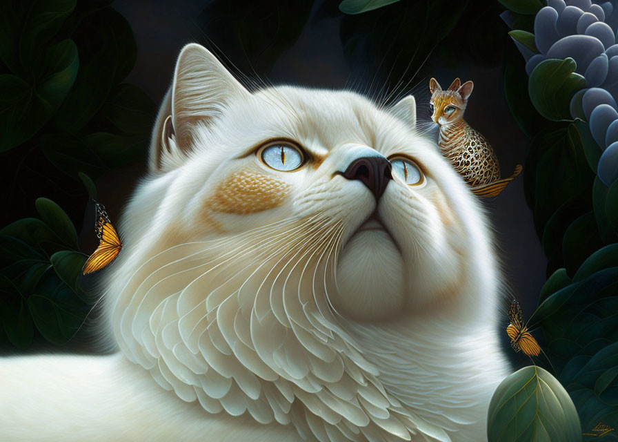 Surreal illustration: white winged cat with leopard on head in green setting