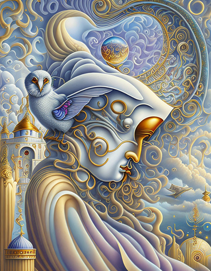 Surreal artwork: stylized face, wave elements, flying pigeon, ornate patterns, architecture