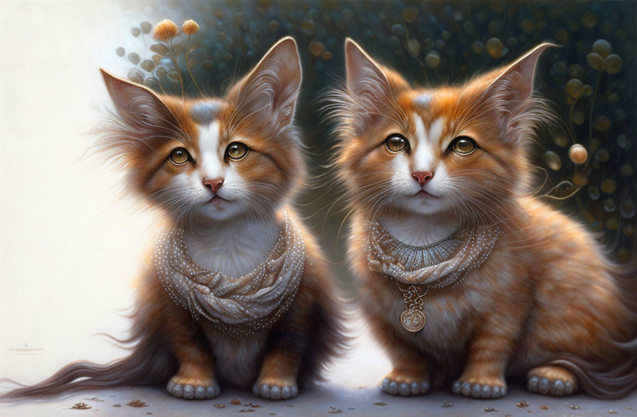 Fluffy kittens with pearl necklaces in ethereal glow