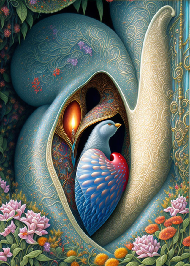 Stylized blue bird in heart-shaped floral enclosure