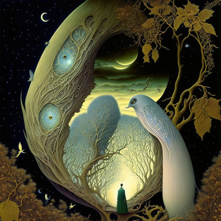 Artwork of person under tree with peacock elements in celestial night