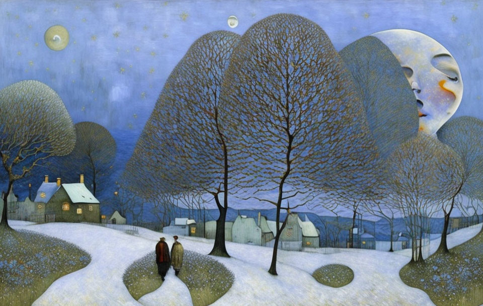 Surreal painting of couple on snowy path with blue trees and moon overlooking village