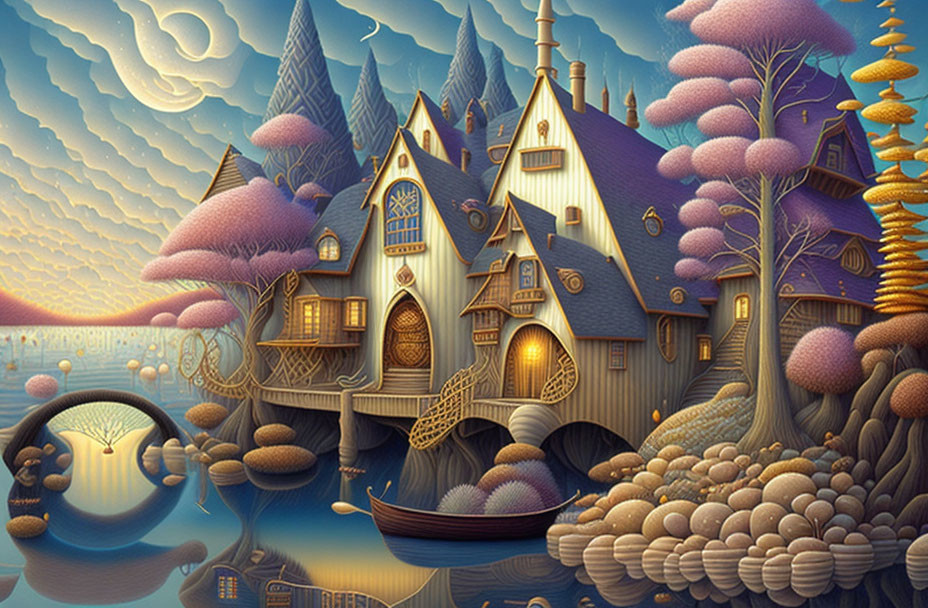 Colorful fairytale village with pointed-roof houses, bridge, boat, and cloud-patterned