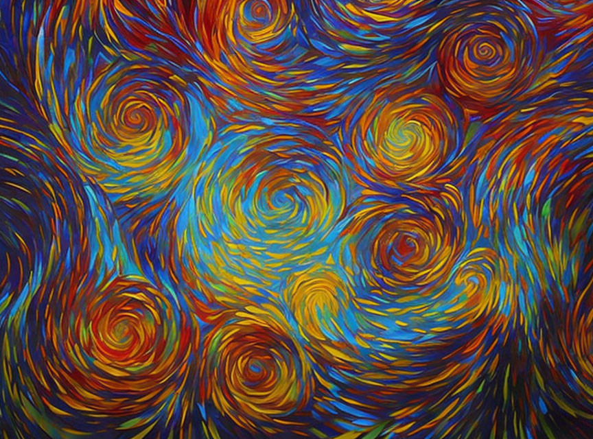 Colorful swirling patterns in blue, red, and yellow evoke dynamic movement