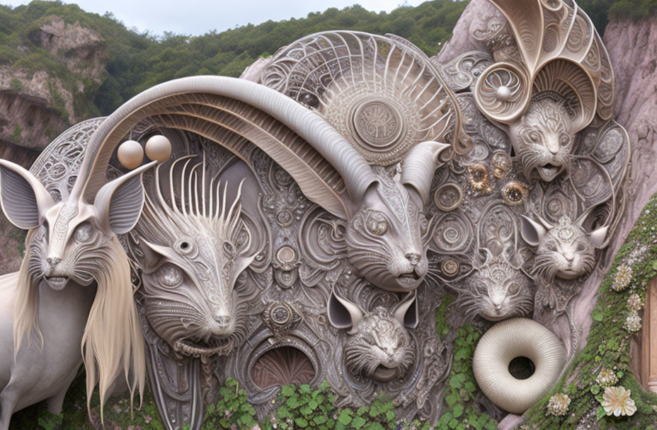 Intricate relief sculpture of fantastical animals and floral motifs on rock face