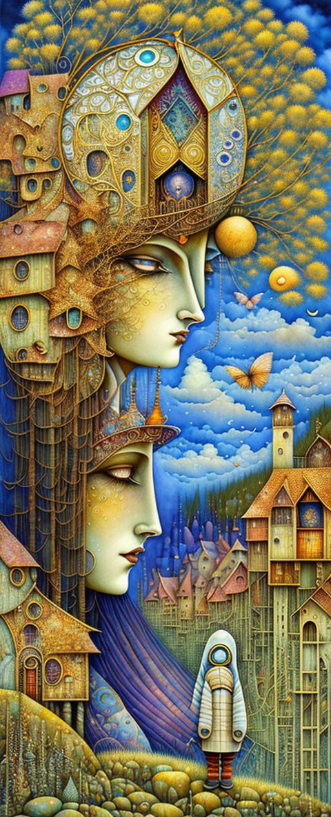 Surreal artwork: Faces blend with architecture in dreamy landscape