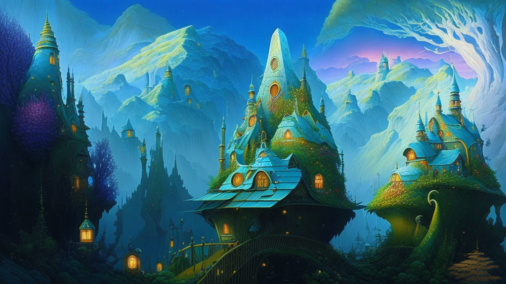 Luminescent Towers in Fantasy Mountain Landscape